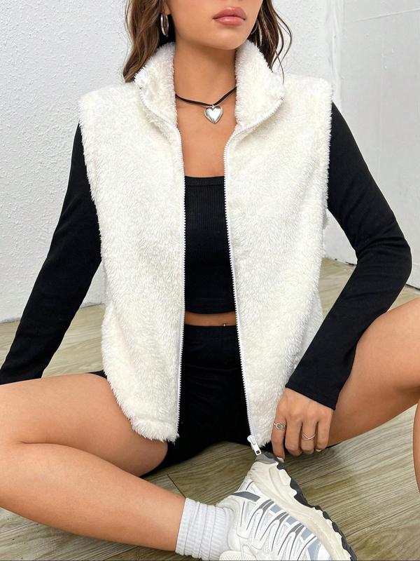 Women's Solid Zip Up Fuzzy Vest Jacket, Casual Fashionable Plush Sleeveless Outerwear for Daily Outdoor Wear, Women Clothing for Fall & Winter