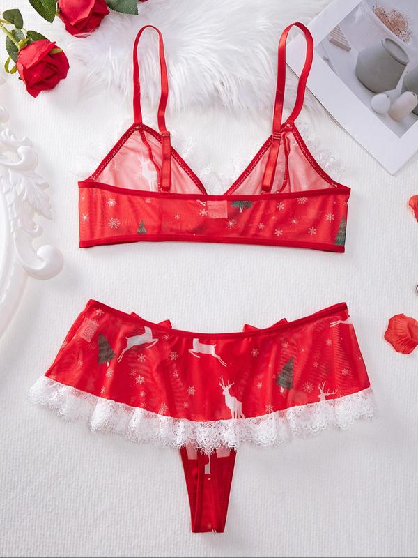 Women's Christmas Themed Contrast Lace Bow Decor Lingerie Two-piece Set, Adjustable Strap Bra & Panty Set, Lingerie Set for Women