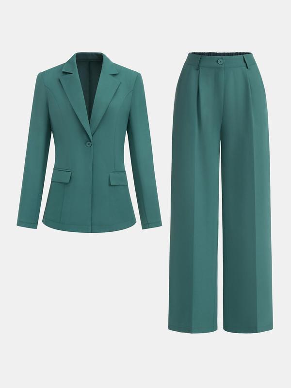 YOZY Two-piece Set Women's Solid Color Button Front Blazer & Plicated Suit Pants, Elegant Lapel Neck Long Sleeve Outerwear & Button Fly Straight Leg Trousers for Work Office Business, Ladies Two-piece Outfits