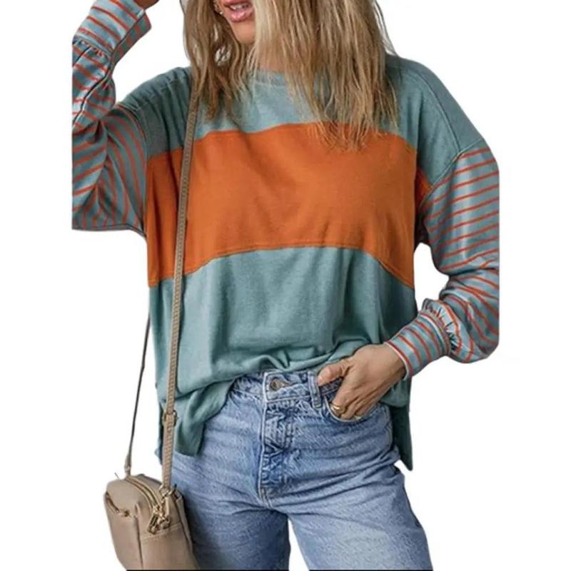 Long Sleeve Fall Tops Oversized Trendy Round Crew Neck Casual Color Block Womens Shirts Blouses Round Neck Womenswear