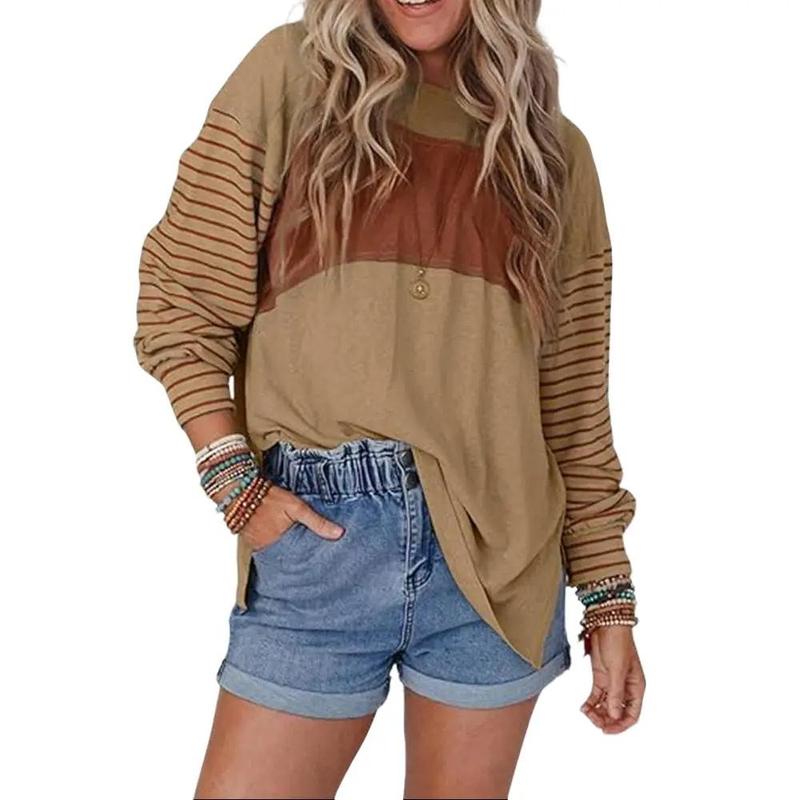 Long Sleeve Fall Tops Oversized Trendy Round Crew Neck Casual Color Block Womens Shirts Blouses Round Neck Womenswear