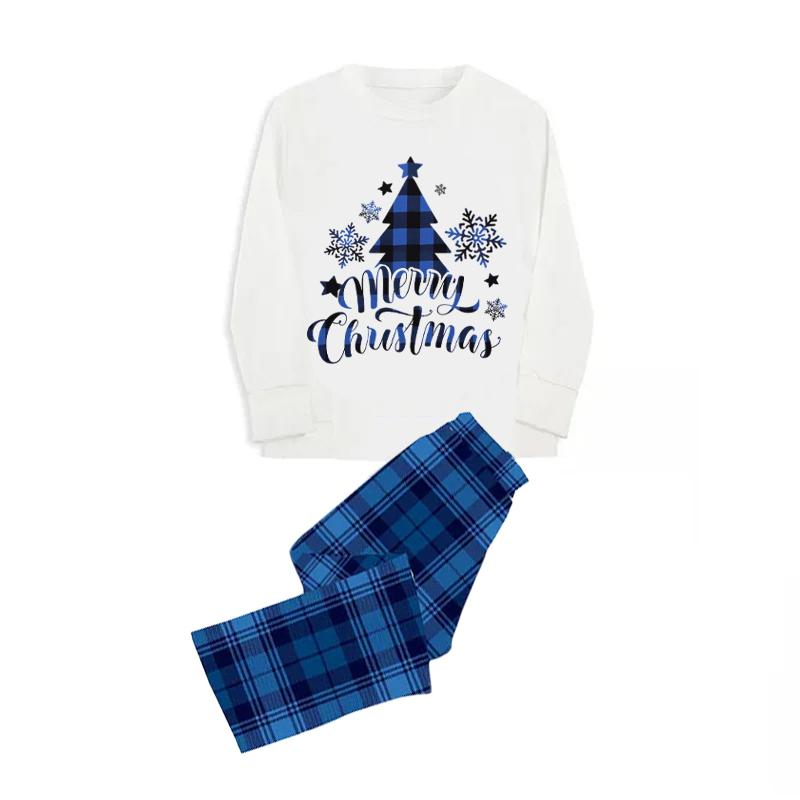 Blue White Matching Christmas Pajamas For Family, Christmas Tree Letter Print Long-Sleeved Tops + Plaid Trousers Sleepwear Outfits