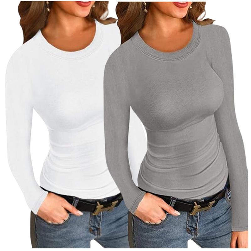 2 Pack Long Sleeve Shirts for Women Crew Neck Thermal Shirts Ribbed Knit Slim Fit T Shirt Basic Tee Tops