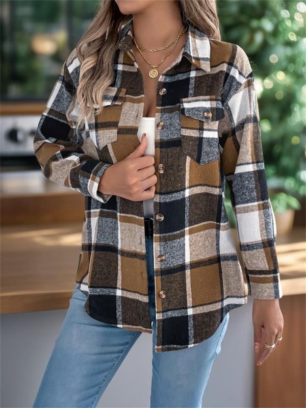 Women's Plaid Print Button Front Pocket Jacket, Casual Long Sleeve Collared Outerwear for Fall & Winter, Ladies Clothes for Daily Wear