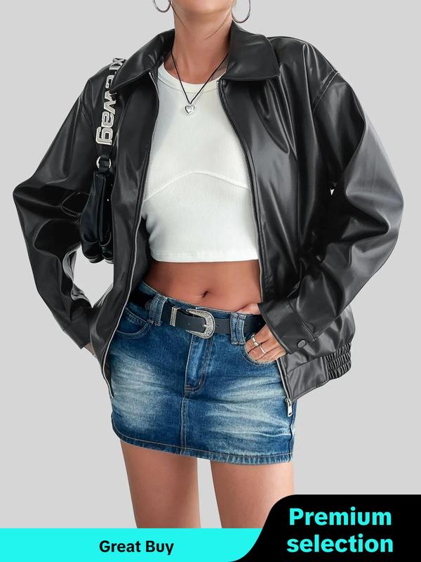 Women's Solid Pocket Zipper Faux Leather Jacket, Elegant Fashion PU Leather Long Sleeve Collared Outerwear for Daily Outdoor Wear, Women Clothing for Fall & Winter Tops