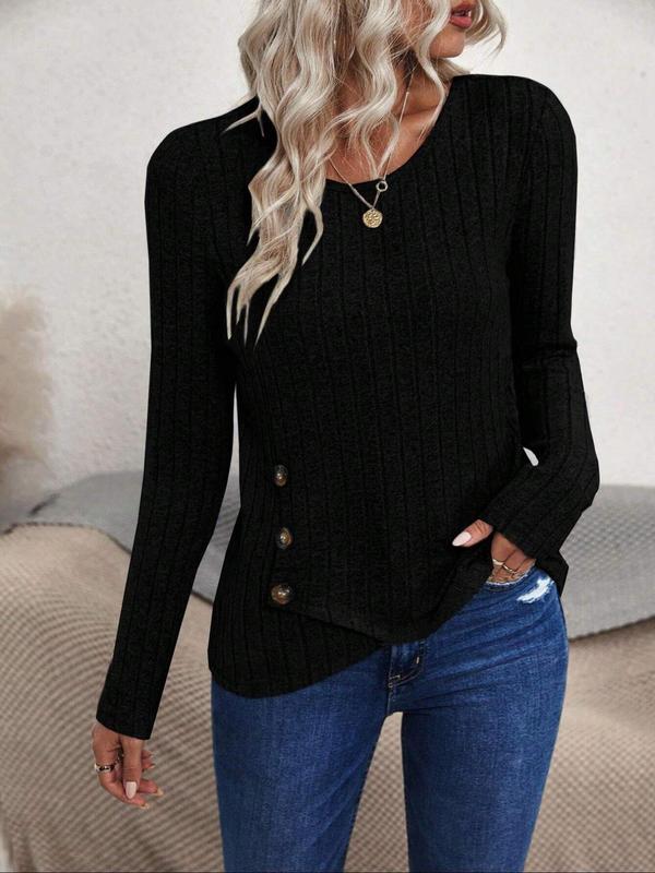 Women's Plain Asymmetrical Hem Button Detail Ribbed Tee, Casual Long Sleeve Round Neck T-shirt for Spring & Fall, Women's Top for Daily Wear