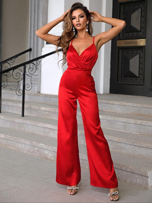 Women's Plain Ruched Backless Wrap Cami Jumpsuit, Elegant Solid Sleeveless High Waist Flare Leg Jumpsuit For Party Vacation, Ladies Summer Clothes Christmas