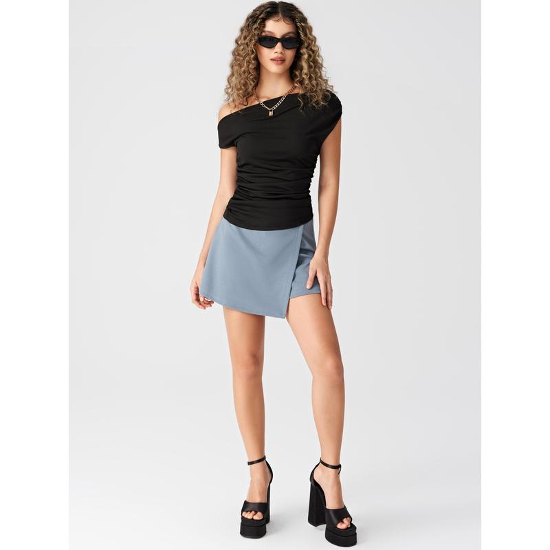 Cider [4 colors, size 0-26] Asymmetrical Neck Ruched Crop Top