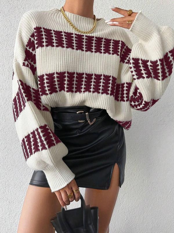 Women's Colorblock Striped Drop Shoulder Sweater, Casual Long Sleeve Round Neck Jumper for Fall & Winter, Pullover Sweaters for Women, Fashion Ladies' Knitwear for Daily Wear, Fall Clothing