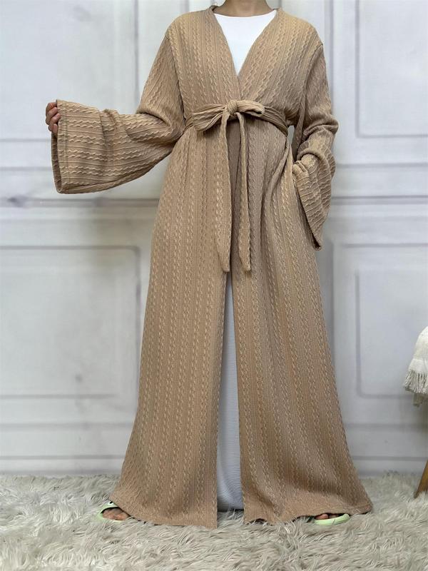 Women's Solid Textured Belted Lounge Robe, Casual Long Sleeve Open Front Robe, Women's Sleepwear for Fall & Winter, Minimalist Robe for Women