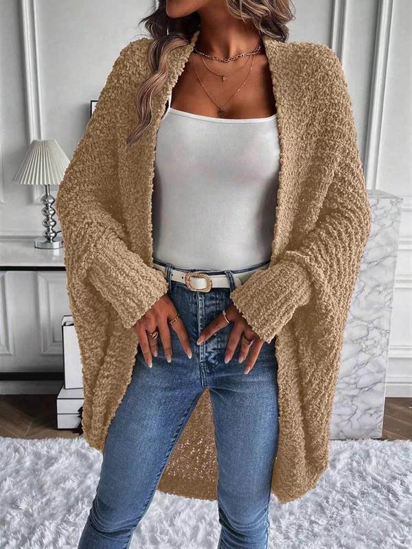 Women's Solid Color Batwing Sleeve Open Front Cardigan, Casual Long Sleeve Outerwear for Fall & Winter, Women's Knit Clothing for Daily Wear