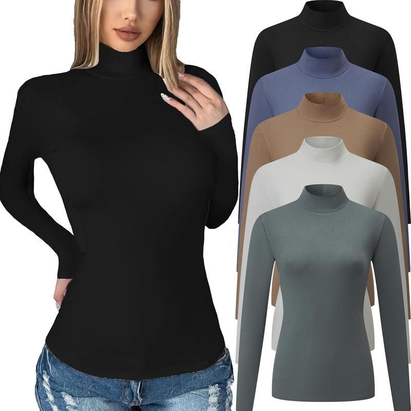 5 Pack Womens Long Sleeve Mock Turtleneck Tops Fall Stretch Tight Basic T Shirt Lightweight Thermal Shirts