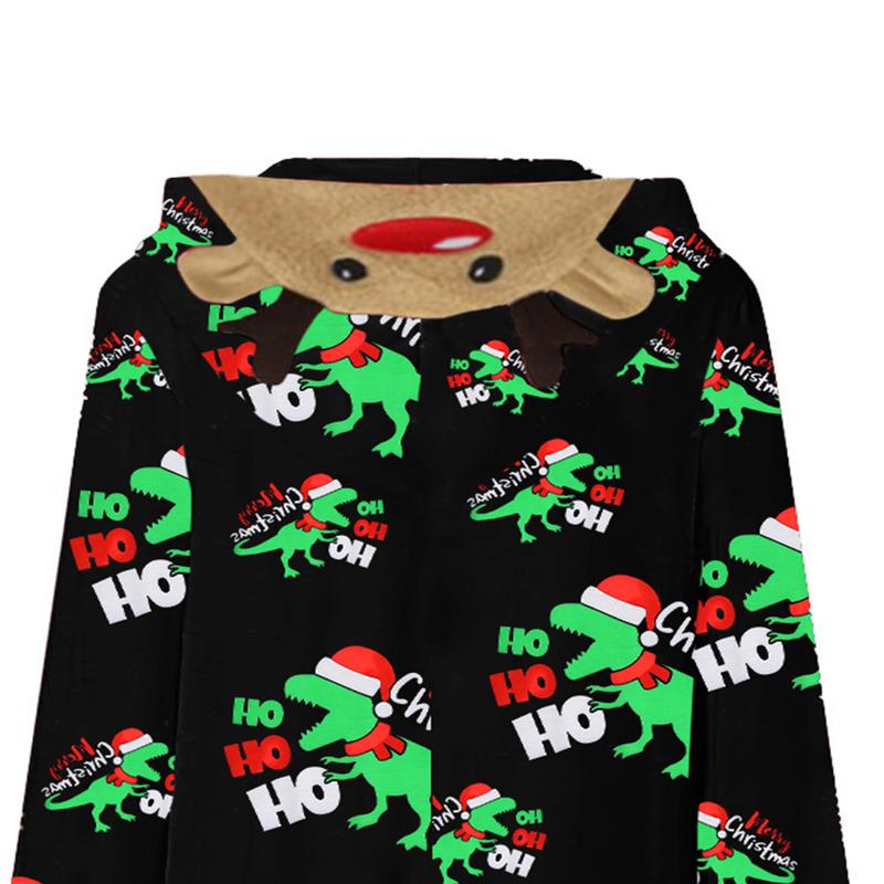 Christmas Family Matching Jumpsuit, Long Sleeve Hooded Dinosaur Print Zipper Closure Loungewear