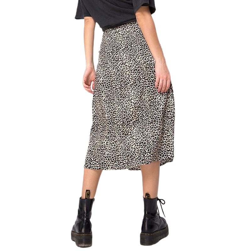 Women Summer Clothes, Leopard Floral Printed High-Waist Half-Length Skirt with Thigh Slit for Girls, Black Brown Womenswear Bottom Outdoor Polyester