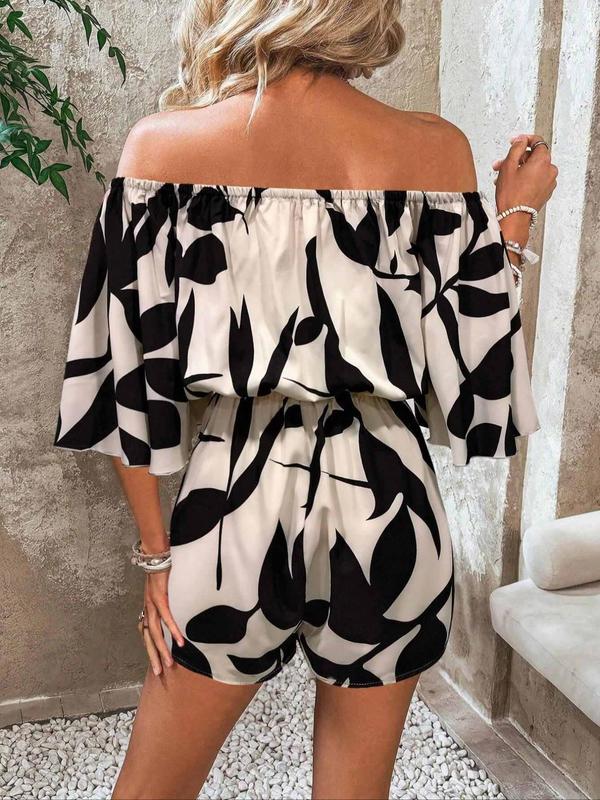 Women's Leaf Print Off Shoulder Tie Front Romper, Casual Flounce Sleeve Romper for Summer, Fashion Women's Clothing for Beach Holiday Vacation