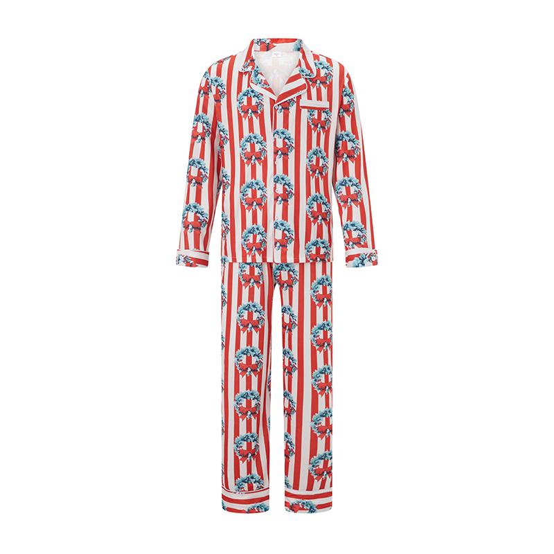 Red Matching Christmas Pajamas For Family, Striped Bow Wreath Print Long Sleeve Button Down Tops Elastic Waist Pants