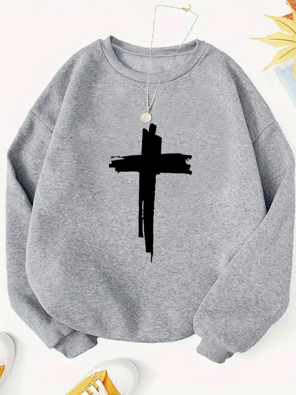 Women's Cross Print Crew Neck Sweatshirt, Casual Long Sleeve Pullover for Fall & Winter, Women's Clothes for Daily Wear