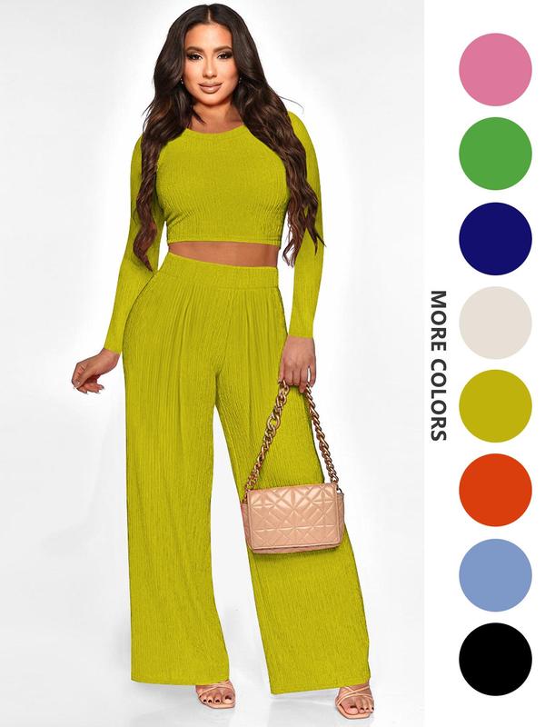 Two-piece Set Women's Solid Textured Crop Top & Wide Leg Pants, Casual Fashion Cozy Round Neck Long Sleeve Top & High Waist Trousers for Daily Outdoor Wear, Women's 2 Piece Sets, Fall Clothing Women 2024