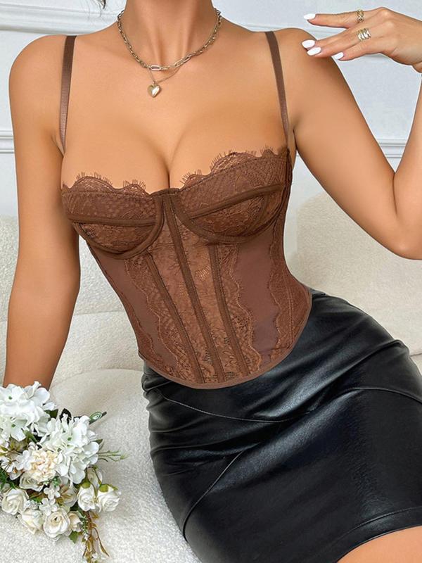 Women's Contrast Lace Corset Underwire Cami Top, Fashion Adjustable Spaghetti Strap Sleeveless Top for Party Club Dating Wear, Women's Clothing for Summer