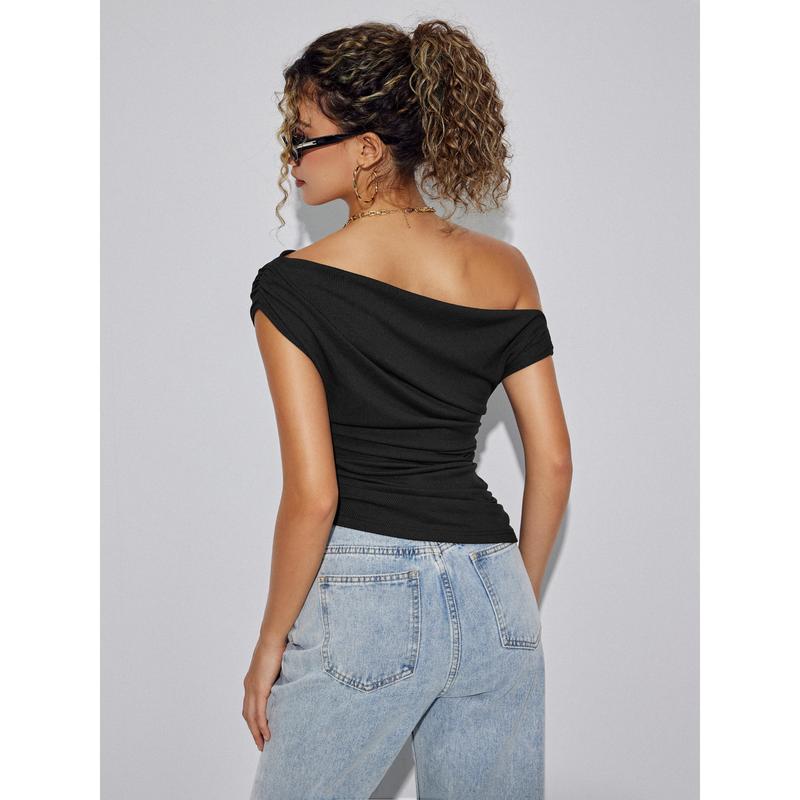 Cider [4 colors, size 0-26] Asymmetrical Neck Ruched Crop Top