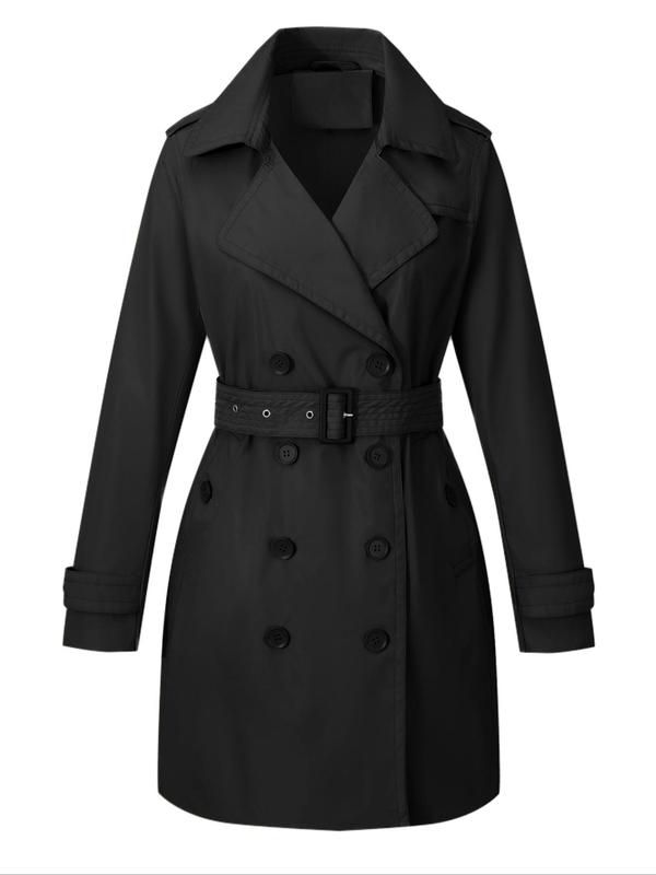 Women's Solid Double Button Belted Trench Coat, Casual Long Sleeve Pocket Design Midi Coat for Fall & Winter, Women's Clothing for Daily Wear