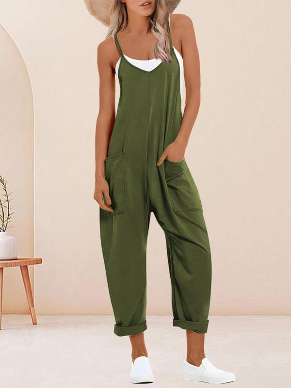  Solid Pocket Adjustable Strap Overalls, Casual Sleeveless Jumpsuit for Summer, Women's Plus Clothing for Daily Wear