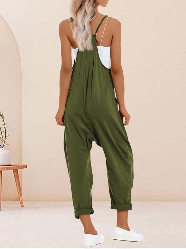  Solid Pocket Adjustable Strap Overalls, Casual Sleeveless Jumpsuit for Summer, Women's Plus Clothing for Daily Wear