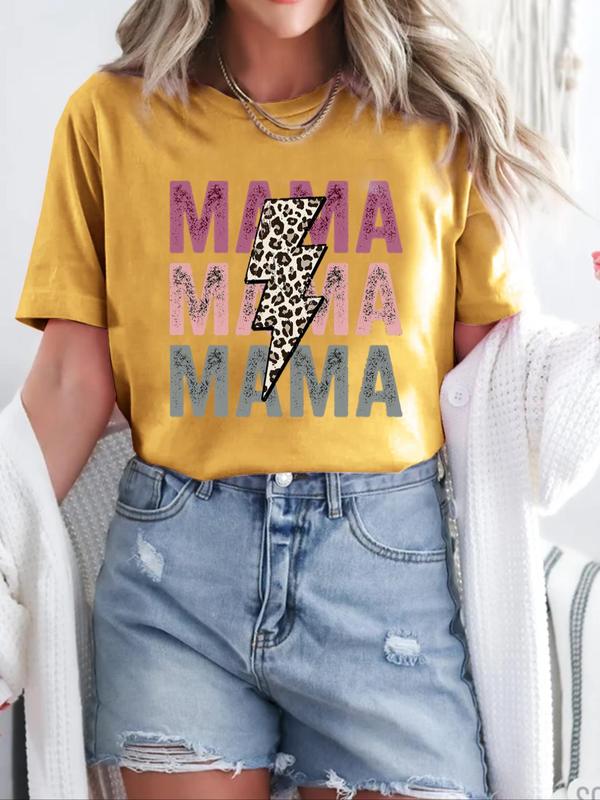 Women's Leopard Lightning & Letter Print Round Neck Tee, Summer Graphic Tees Women, Fashion Casual Short Sleeve T-Shirt for Daily Wear, Graphic Tees, T Shirts for Women, Ladies Clothes for Summer Birthday Gifts