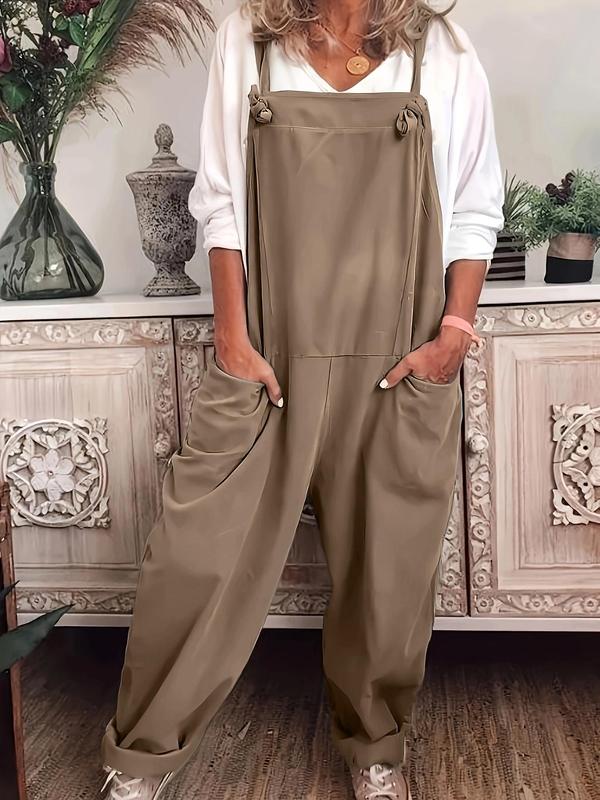 Women's Solid Knot Front Wide Leg Overalls without Top, Casual Pocket Overall Jumpsuit for Daily Wear, Ladies Clothes for All Seasons