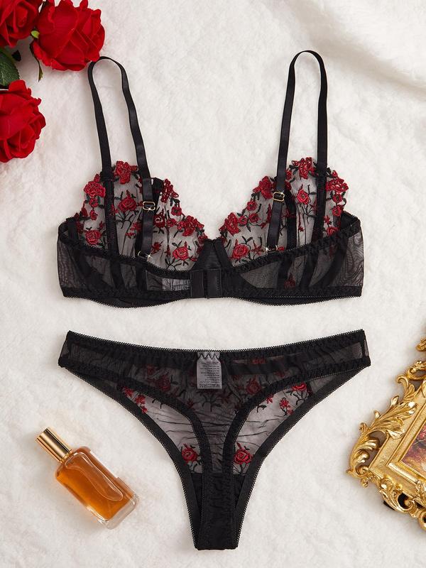 Women's Floral Embroidery Lace Bra & Thong Two-piece Set, Sexy Comfy Breathable Sheer Bra & Panty Set, Lingerie Set for Women