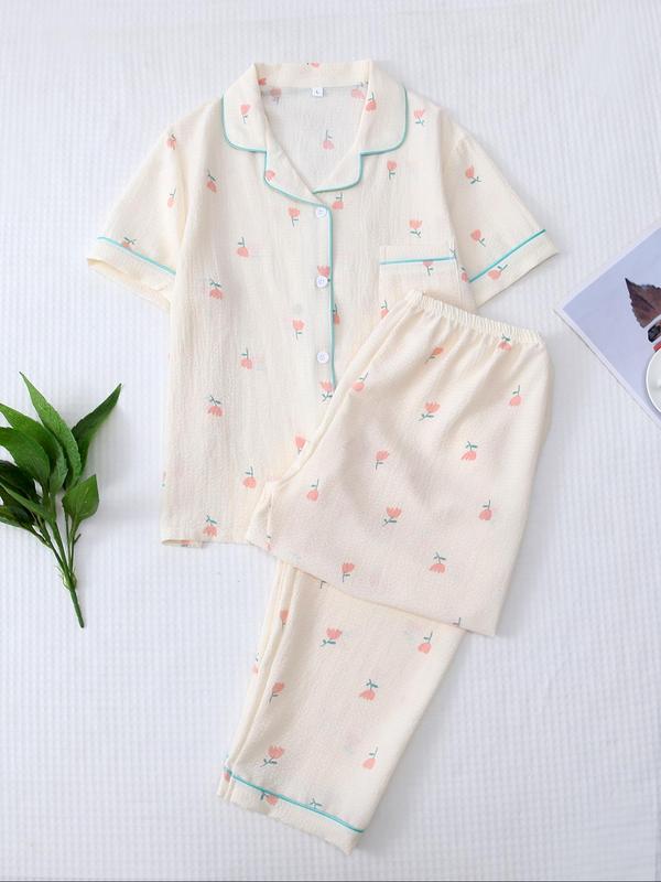 Women's Heart Print Pajama Set, Casual Short Sleeve Button Front Lapel Shirt & Pants Pj Set, Summer Wear 2024, Summer Clothes, PJs Lounge Set, Pajama Sets Women, Please Purchase One Or Two Size Up