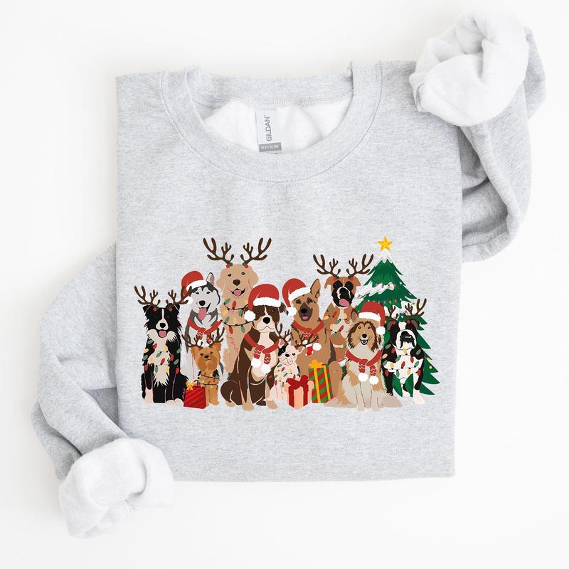 Christmas Dogs, Antlers, Reindeer, Santa, Dog Lover Sweatshirt, Crew Neck, Women's, Crewneck