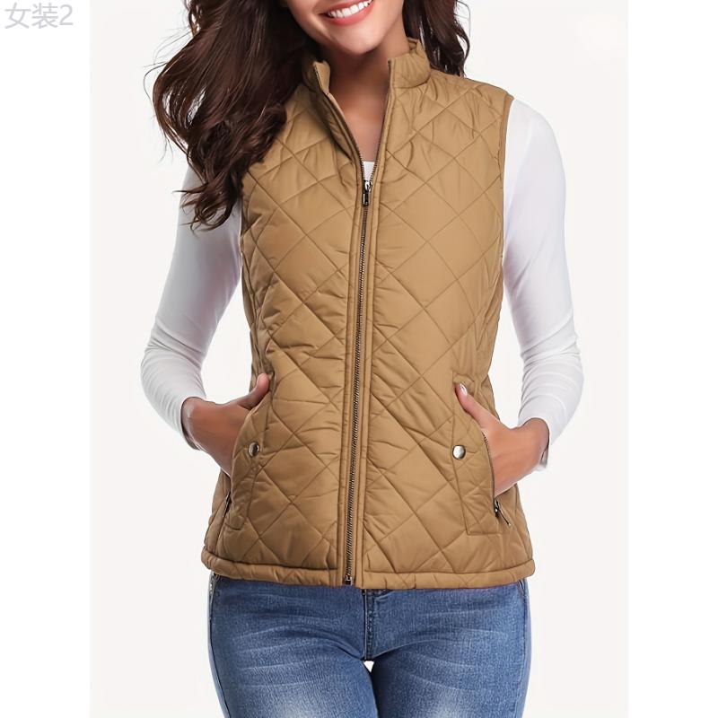 Argyle Pattern Sleeveless Vest - Casual Zip Up Solid Vest - Women's Clothing - Stylish & Comfortable - For Casual Wear - Perfect Gift for Fashionable Women  Collar Fabric Womenswear Polyester  Tops Gamis  Elegant Basic