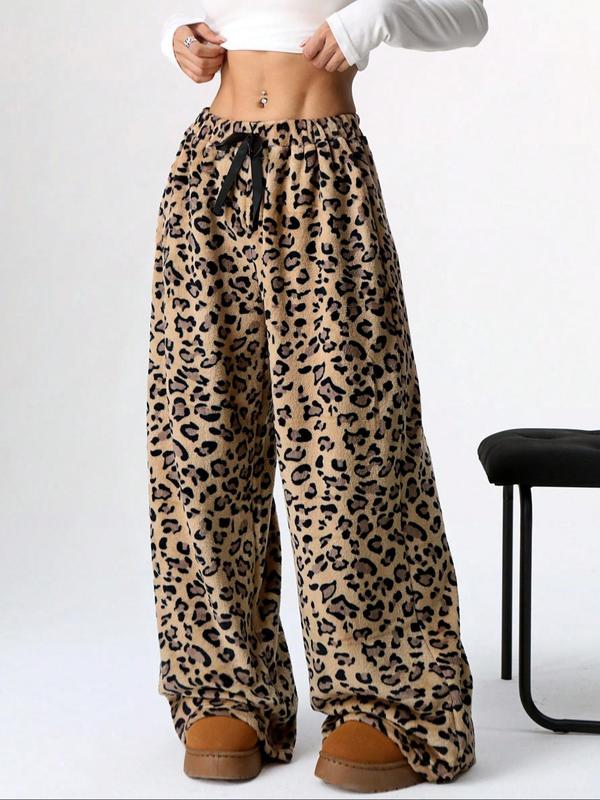 Women's Leopard Print Bow Decor Elastic Waist Wide Leg Pants, Casual Comfy Plush Trousers for Daily Wear, Ladies Bottoms for Fall & Winter