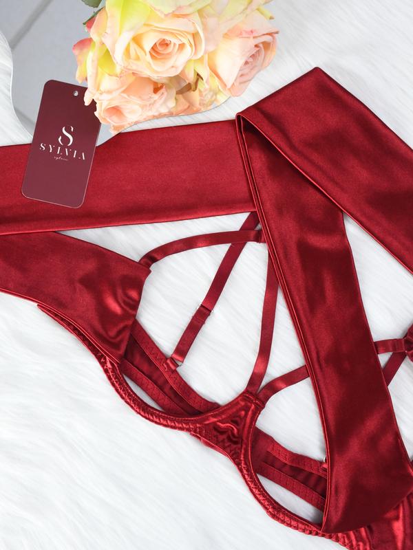 Women's 6pcs Sexy Silk Bow Front Push Up Bra Lingerie Set,Comfortable Underwear, girls conquet te outfit Nightdress Red  Black lingerieset Womenswear Lady sexy Sleepwear Elegance Feminine Basic Minimalist Nightgown Elegant Nightwear Spaghetti Strap