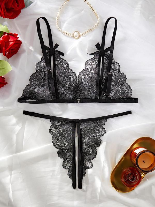 Women's Floral Lace Bow Front Sexy Lingerie Set, Fashion Cut Out Bra & Sheer Thong Set, Soft Comfy Breathable Sexy Two-piece Lingerie Set for Women