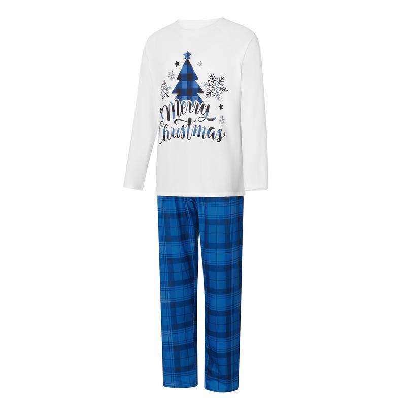 Blue White Matching Christmas Pajamas For Family, Christmas Tree Letter Print Long-Sleeved Tops + Plaid Trousers Sleepwear Outfits