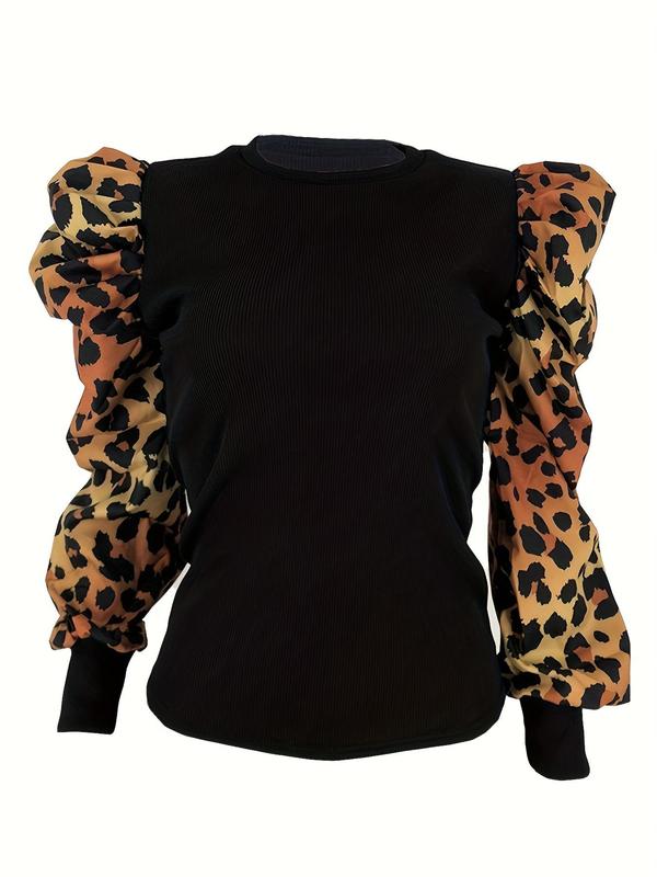 Women's Leopard Print Leg-of-mutton Sleeve T-shirt, Fashionable Round Neck Long Sleeve Top For Spring & Fall, Women's Clothes For Daily Wear