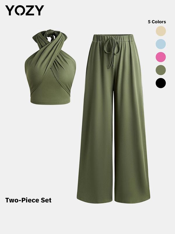 Black Friday Deals YOZY DIY Strappy Crop Top & Elastic Waist Pants Set  Elegant Solid Backless Top & Ribbed Wide Leg Pants Set, 2024 Women's Outdoor Holiday Wear for Christmas 2024 Trend,Thanksgiving Outfits,Fall Outfits,Winter Outfits