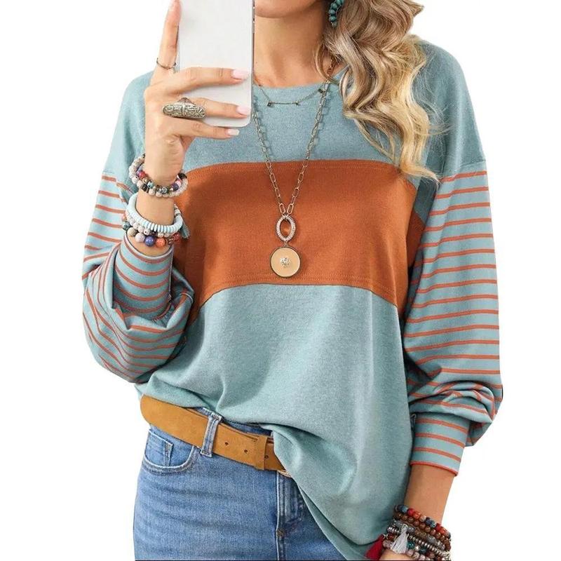 Long Sleeve Fall Tops Oversized Trendy Round Crew Neck Casual Color Block Womens Shirts Blouses Round Neck Womenswear