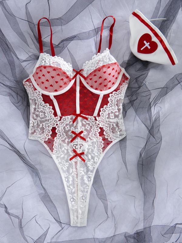 Women's Heart Embroidery Bowknot Decor Sexy Lingerie Set, Contrast Mesh Cami Bodysuit & Nurse Hat Nurse Cosplay Costume Set, Ladies Sexy Wear