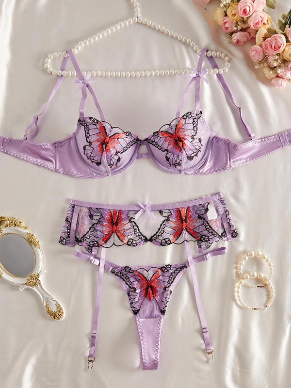 Women's Butterfly Embroidery Sheer Bra & Thong & Garter Belt Three-piece Set, Sexy Adjustable Strap Push Up Bra & Panty & Garter Belt Set, Lingerie Set for Women