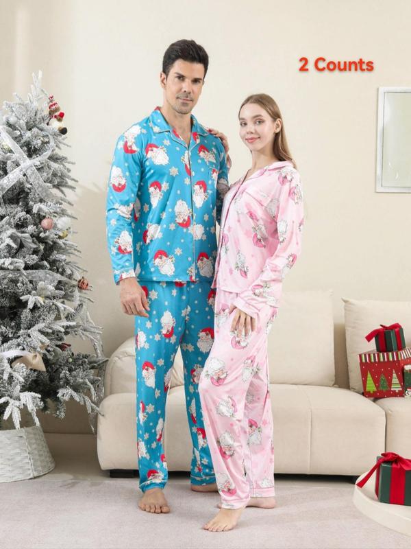 Couple's Christmas Print Button Front Pocket Pajama Two-piece Set, Casual Comfy Long Sleeve Top & Elastic Waist Pants Pj Set, Couple's Sleepwear for Spring & Fall