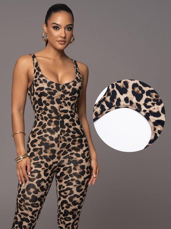 Women's Leopard Print Backless Scoop Neck Skinny Jumpsuit, Casual Fashion Sleeveless Jumpsuit for Daily Wear, Ladies Clothes for Summer