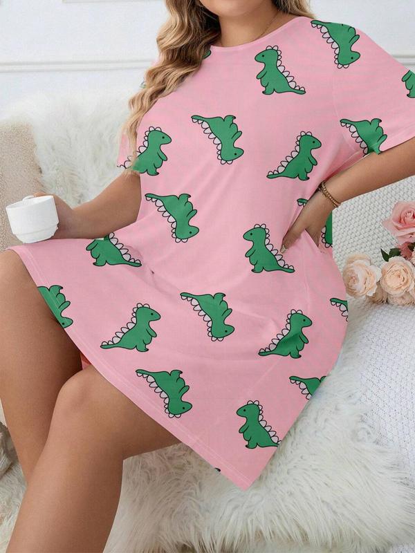 Plus Size Cartoon Dinosaur Print Round Neck Nightdress, Plus Casual Soft Comfortable Short Sleeve Nightgown for Women, Women's Plus Sleepwear for All Seasons