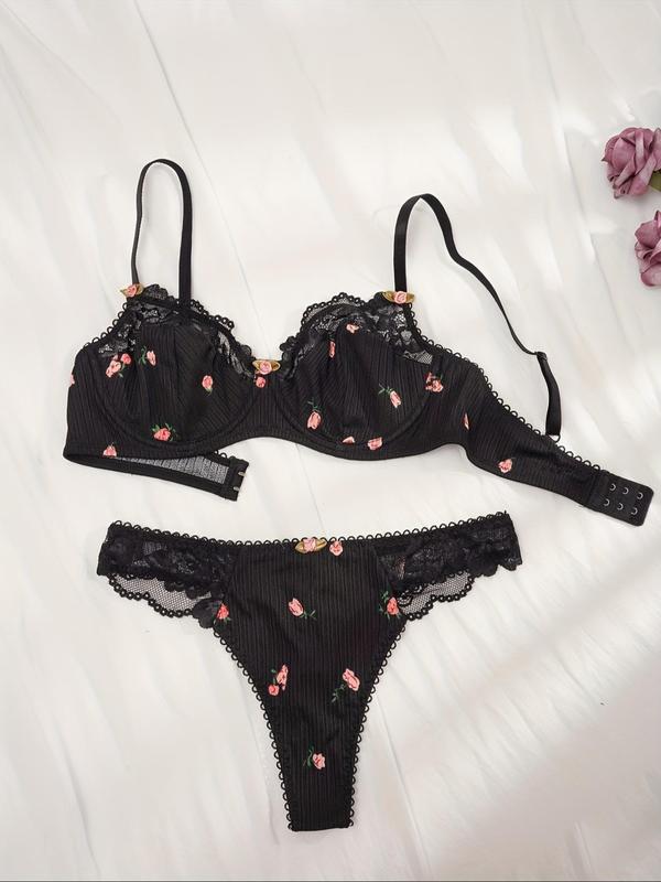 Women's Ditsy Floral Print Contrast Lace Bra & Panty Set, Lady Elegant Soft Comfort Floral Decor Adjustable Spaghetti Strap Bra & Knicker, Summer Wear 2024, Summer Clothes Women, Ladies Lingerie Set, Womenswear Underwear