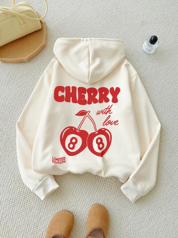 Women's Cherry & Letter Print Drop Shoulder Hoodie, Fashion Casual Drawstring Pocket Hooded Sweatshirt for Daily Holiday Outdoor Wear, Women Clothing for Fall & Winter