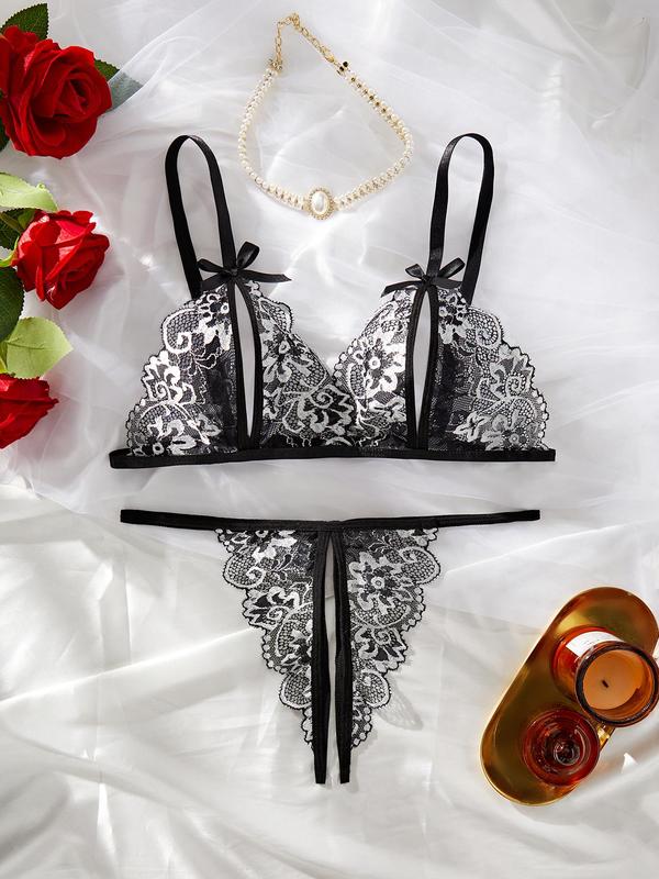 Women's Floral Lace Bow Front Sexy Lingerie Set, Fashion Cut Out Bra & Sheer Thong Set, Soft Comfy Breathable Sexy Two-piece Lingerie Set for Women