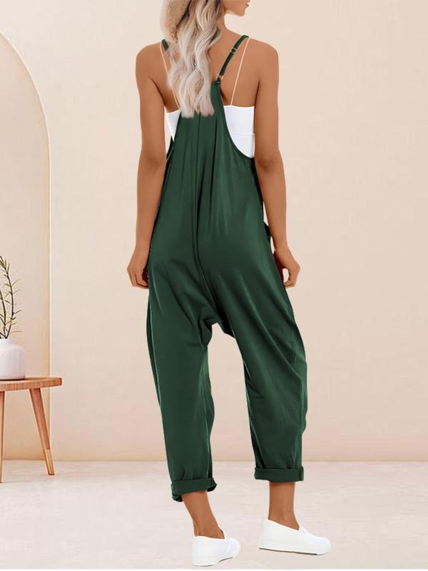  Solid Pocket Adjustable Strap Overalls, Casual Sleeveless Jumpsuit for Summer, Women's Plus Clothing for Daily Wear