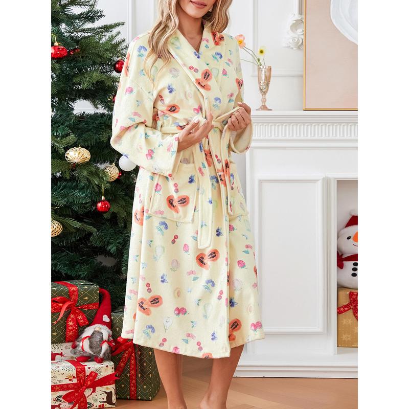 Women's Soft Summer Dressing Gown Floral Fruit Print Plush Shawl Collar Bathrobe Warm Lounge Robe with Belt Cotton Light